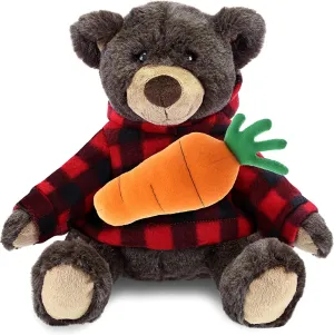 DolliBu Happy Easter Super Soft Plush Brown Bear with Red Plaid Hoodie and Carrot - Stuffed Animal with Carrot Plush, with Name Personalization Spring Easter Plush Animal - 10 Inch