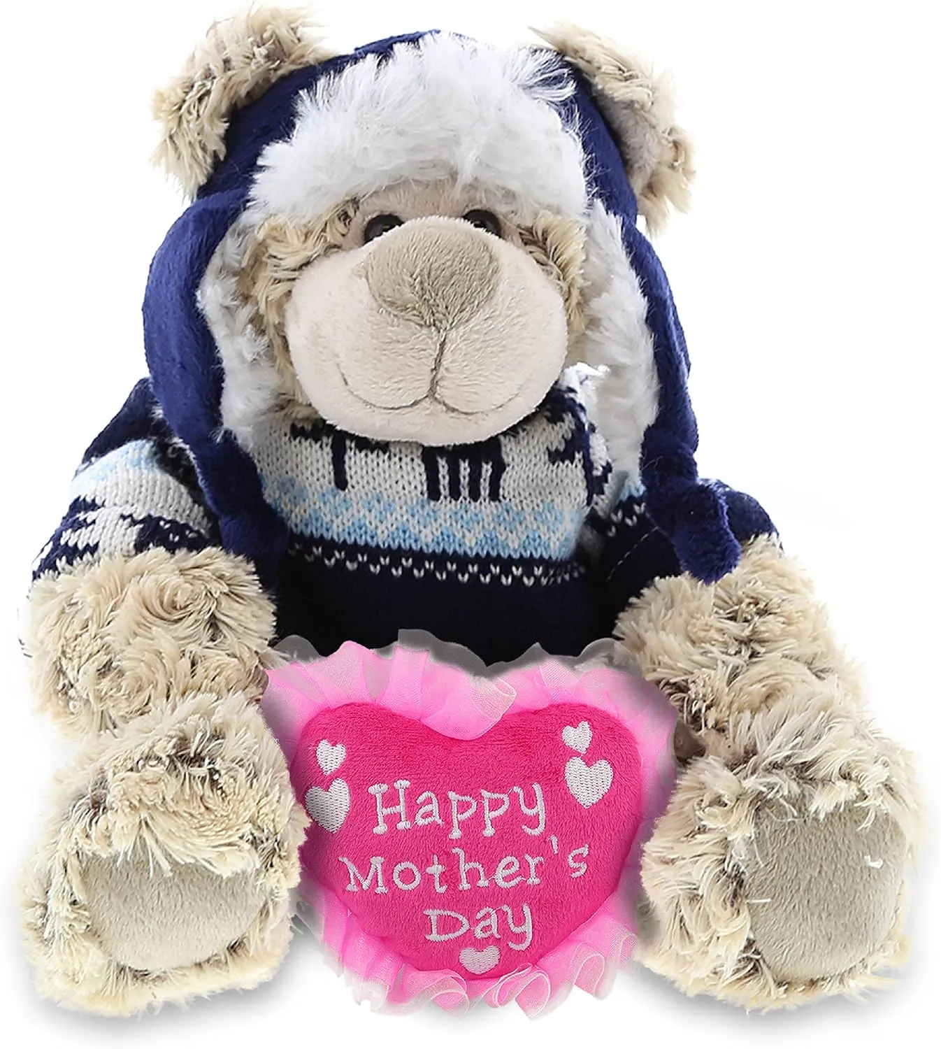 DolliBu Happy Mother's Day Super Soft Plush Polar Bear with Clothes - Cute Stuffed Animal with Pink Heart Message for Best Mommy, Grandma, Wife, Daughter - 9" Inches