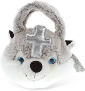 DolliBu Husky Hand Bag Stuffed Animal with Silver Cross and Personalization - Religious Baptism Gifts for Boys and Girls, Dedication Christening Gifts Plush Prayer Toy Healing Teddy Bear - 8.5 Inches