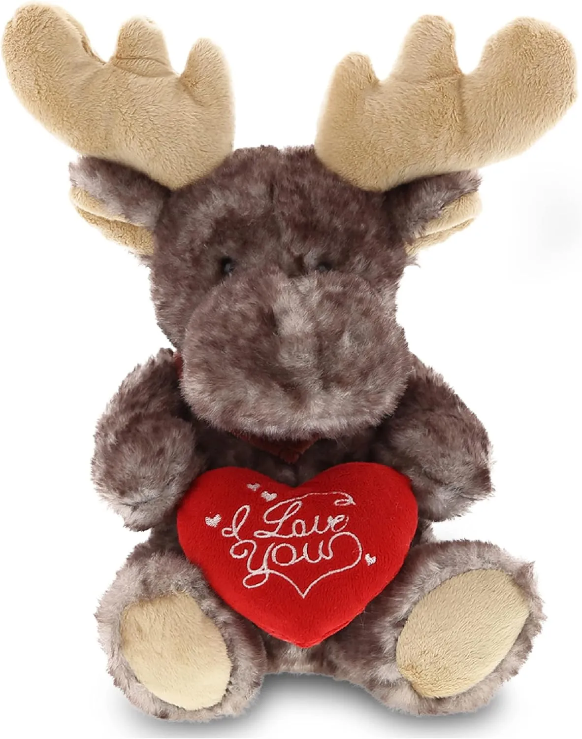 DolliBu I Love You Valentine Plush Brownish Sitting Moose - Cute Stuffed Animal with Red Heart and Name Personalization Gift for Valentines Day, Birthday, Anniversary, Romantic Date - 10 Inches