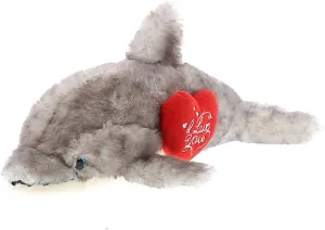 DolliBu I Love You Valentine Plush Gray Dolphin - Cute Soft Cuddly Stuffed Animal with Red Heart Gift for Valentines Day, Birthday Present, Anniversary, Romantic Date - 12.5 Inches