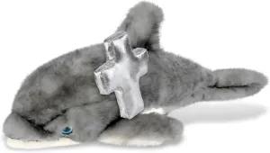 DolliBu Large Grey Dolphin Stuffed Animal with Silver Cross and Personalization - Baptism Gifts for Boys and Girls, Dedication Christening Gifts Plush Prayer Toy Healing Teddy Bear - 16.5 Inch