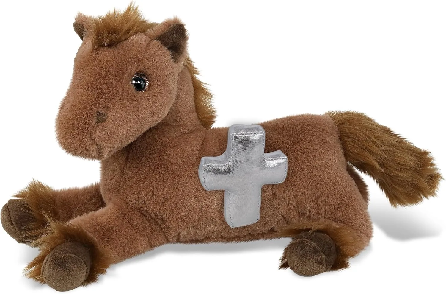 DolliBu Laying Brown Horse Stuffed Animal with Silver Cross and Personalization - Baby Baptism Gifts for Boys and Girls, Dedication Christening Gifts Plush Prayer Toy Healing Teddy Bear - 10 Inches