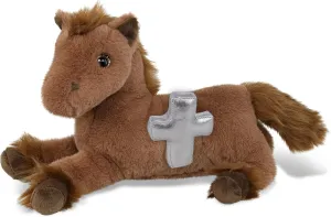 DolliBu Laying Brown Horse Stuffed Animal with Silver Cross and Personalization - Baby Baptism Gifts for Boys and Girls, Dedication Christening Gifts Plush Prayer Toy Healing Teddy Bear - 10 Inches