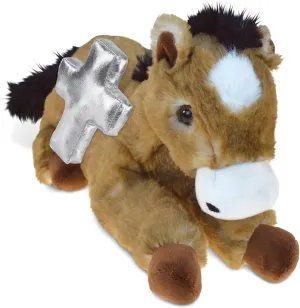 DolliBu Lying Brown Horse Stuffed Animal with Silver Cross Plush – Religious Baptism Gifts for Boys and Girls, Dedication Christening Gifts Plush Prayer Toy Healing Stuffed Animal – 10 Inches
