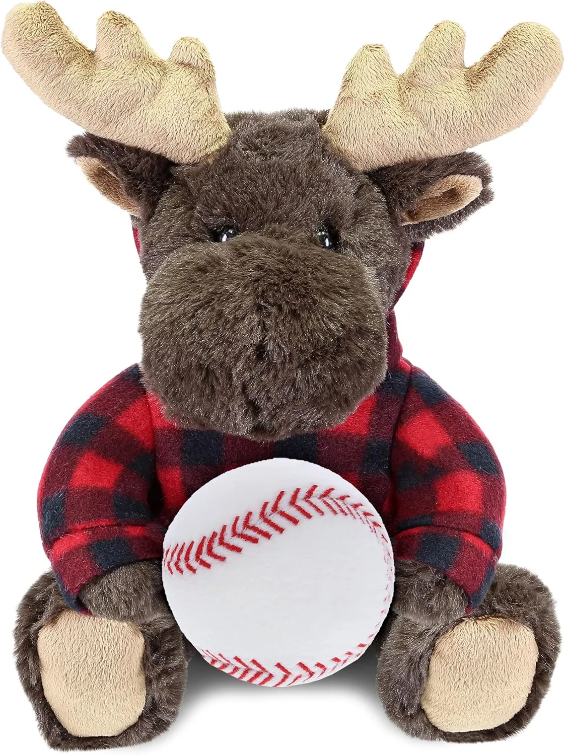 DolliBu Moose with Baseball Plush and Red Plaid Hoodie - Soft Huggable Buffalo, Playtime Bison Teddy Bear Plush Toy, Cute Wildlife Gift for Kids and Adults - 10 Inch