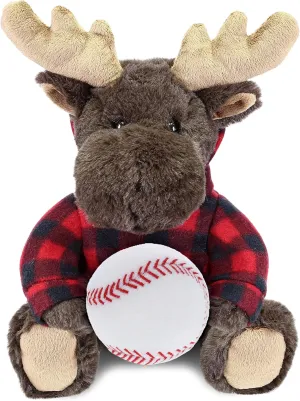 DolliBu Moose with Baseball Plush and Red Plaid Hoodie - Soft Huggable Buffalo, Playtime Bison Teddy Bear Plush Toy, Cute Wildlife Gift for Kids and Adults - 10 Inch