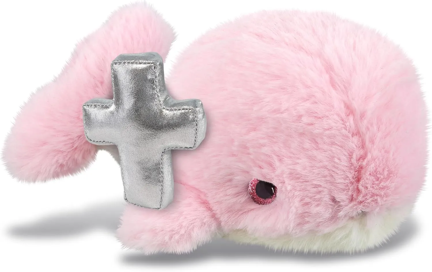 DolliBu Pink Whale Small Stuffed Animal with Silver Cross and Personalization - Religious Baptism Gifts for Boys, Girls, Dedication Christening Gifts Plush Prayer Toy Healing Teddy Bear - 7 Inch