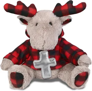 DolliBu Plaid Beige Moose Stuffed Animal with Silver Cross and Personalization - Baby Baptism Gifts for Boys and Girls, Dedication Christening Gifts Plush Prayer Toy Healing Teddy Bear - 10 Inches