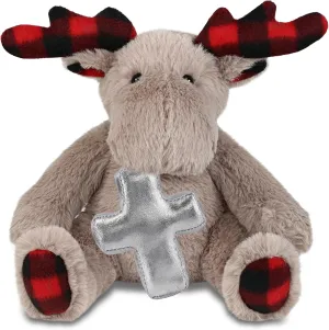 DolliBu Plaid Beige Moose Stuffed Animal with Silver Cross and Personalization - Baby Baptism Gifts for Boys and Girls, Dedication Christening Gifts Plush Prayer Toy Healing Teddy Bear - 10 Inches