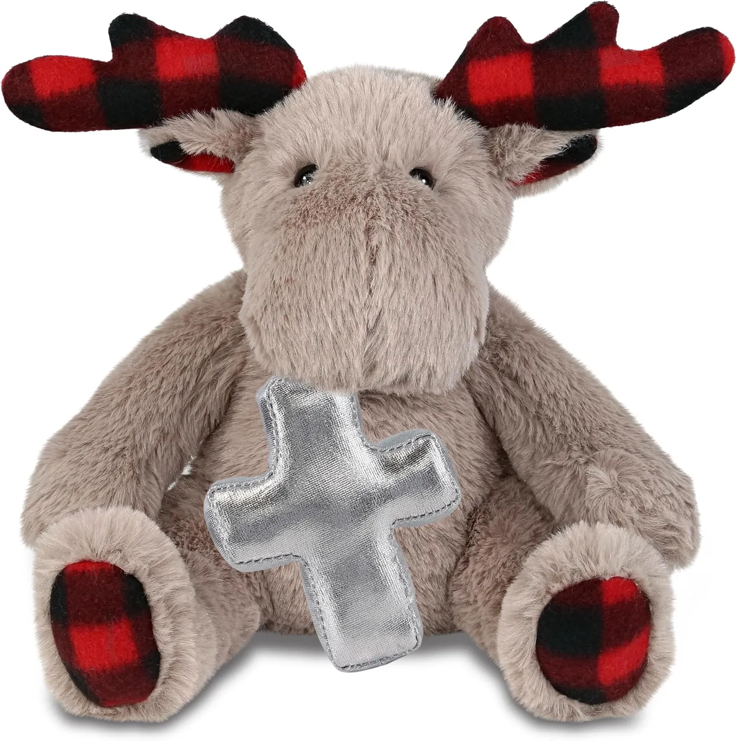DolliBu Plaid Beige Moose Stuffed Animal with Silver Cross and Personalization - Baby Baptism Gifts for Boys and Girls, Dedication Christening Gifts Plush Prayer Toy Healing Teddy Bear - 10 Inches