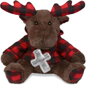 DolliBu Plaid Brown Moose Stuffed Animal with Silver Cross and Personalization - Baby Baptism Gifts for Boys and Girls, Dedication Christening Gifts Plush Prayer Toy Healing Teddy Bear - 10 Inches