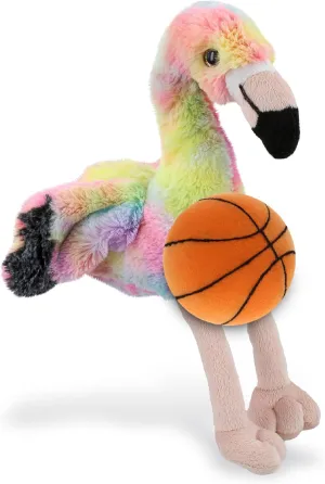 DolliBu Rainbow Flamingo Stuffed Animal with Basketball Plush – Soft Huggable Flamingo, Adorable Playtime Plush Toy, Cute Wildlife Gift, Plush Doll Animal Toy for Kids and Adults – 8 Inches