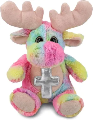 DolliBu Rainbow Moose Stuffed Animal with Silver Cross and Personalization - Religious Baptism Gifts for Boys and Girls, Dedication Christening Gifts Plush Prayer Toy Healing Teddy Bear - 9 Inch