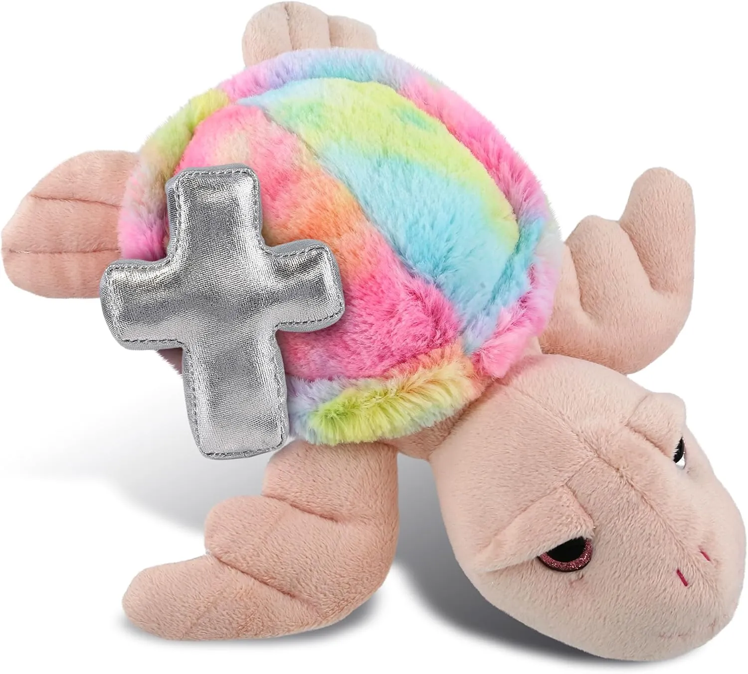 DolliBu Rainbow Pink Sea Turtle Stuffed Animal with Silver Cross and Personalization - Religious Baptism Gifts for Boys, Girls, Dedication Christening Gifts Plush Prayer Healing Teddy - 10 Inches