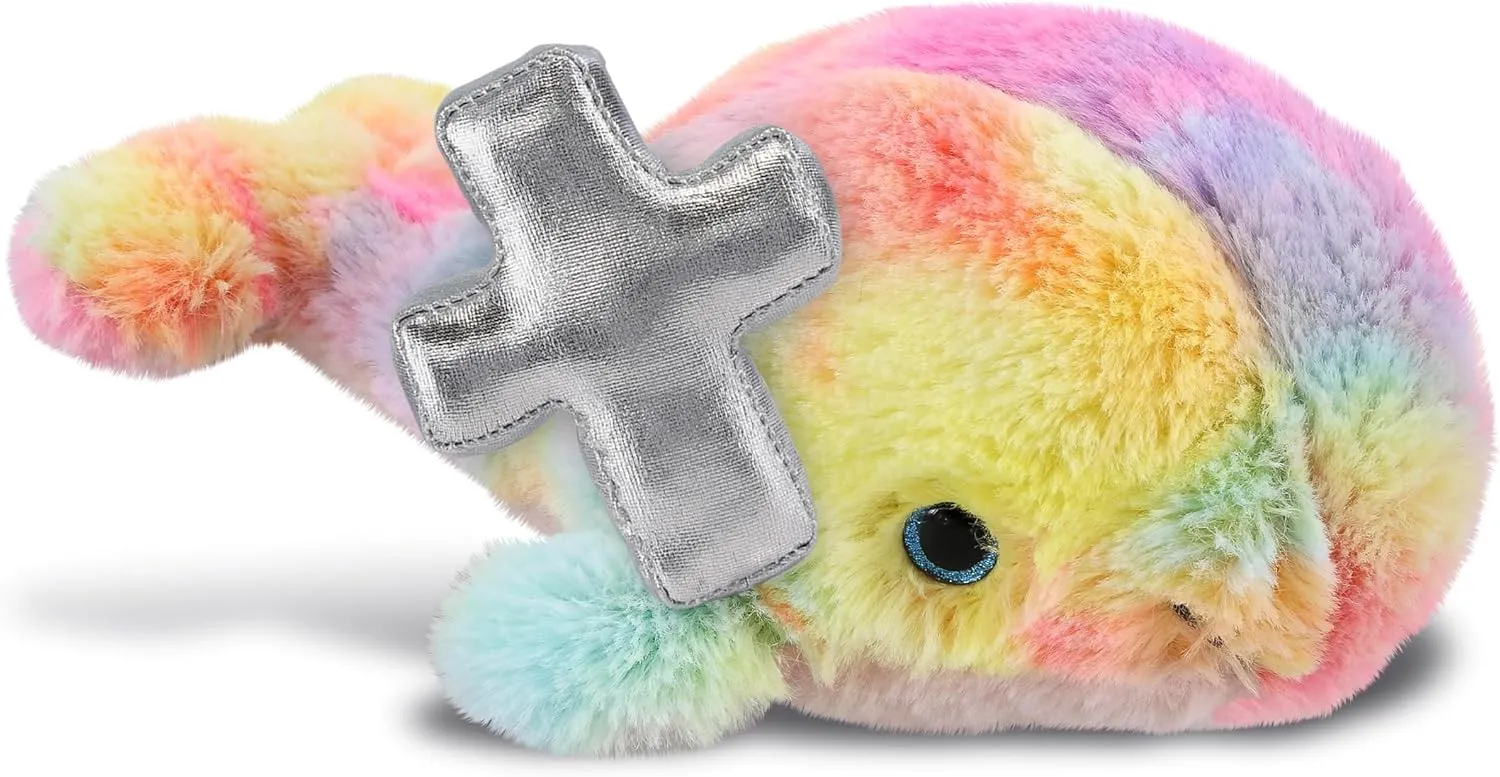 DolliBu Rainbow Whale Small Stuffed Animal with Silver Cross and Personalization - Religious Baptism Gifts for Boys and Girls, Dedication Christening Gifts Plush Prayer Toy Healing Teddy - 7 Inch