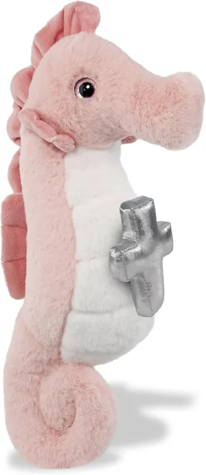 DolliBu Rose Seahorse Stuffed Animal with Silver Cross and Personalization - Religious Seahorse Plush Baptism Gifts, Dedication Christening Gifts Plush Prayer Toy Healing Teddy Bear -12 Inches