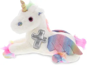 DolliBu Royal Flying Unicorn Stuffed Animal with Silver Cross and Personalization - Religious Baptism Gifts for Boys, Girls Dedication Christening Gifts Plush Prayer Toy Healing Teddy - 8 Inches