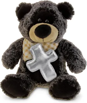 DolliBu Sitting Black Bear Stuffed Animal with Silver Cross Plush - Religious Baptism Gifts for Boys and Girls, Christening Gifts Plush Prayer Toy Healing Teddy Bear - 9 Inches