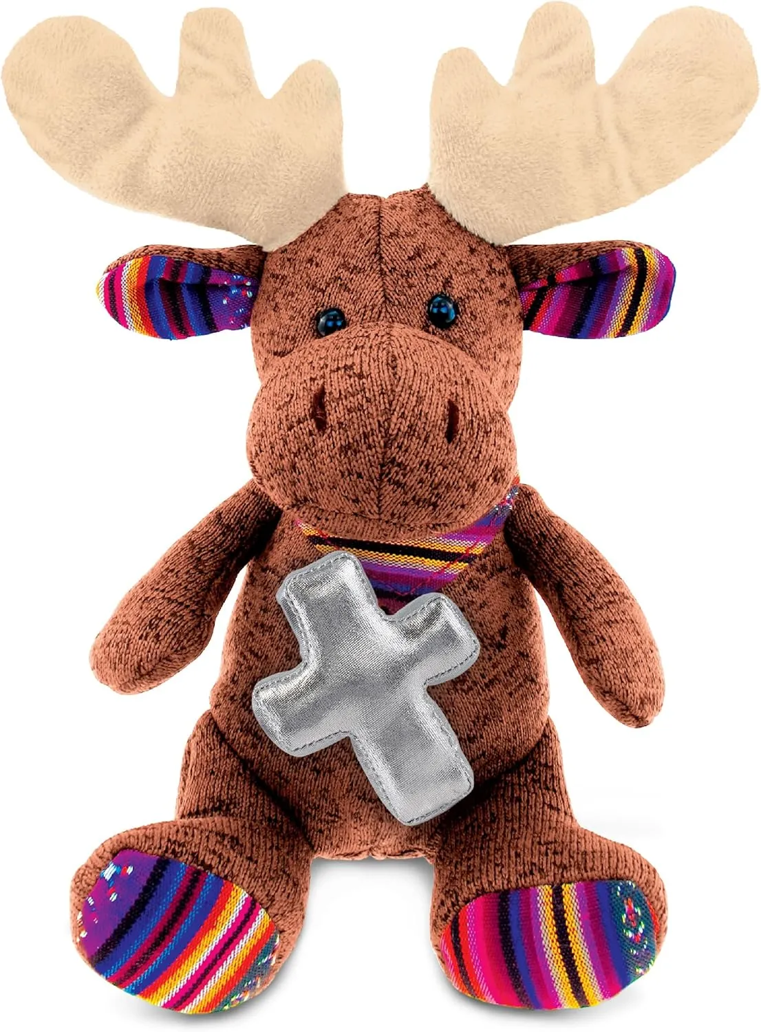 DolliBu Sitting Brown Moose Stuffed Animal with Silver Cross Plush - Religious Baptism Gifts for Boys, Girls, Cute Dedication Christening Plush Prayer Toy Healing Stuffed Animal - 11 Inches