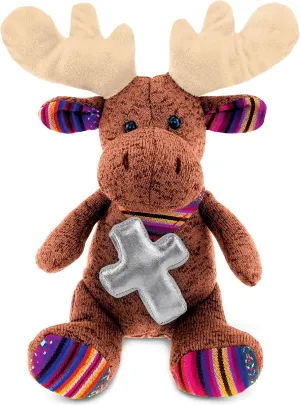 DolliBu Sitting Brown Moose Stuffed Animal with Silver Cross Plush - Religious Baptism Gifts for Boys, Girls, Cute Dedication Christening Plush Prayer Toy Healing Stuffed Animal - 11 Inches