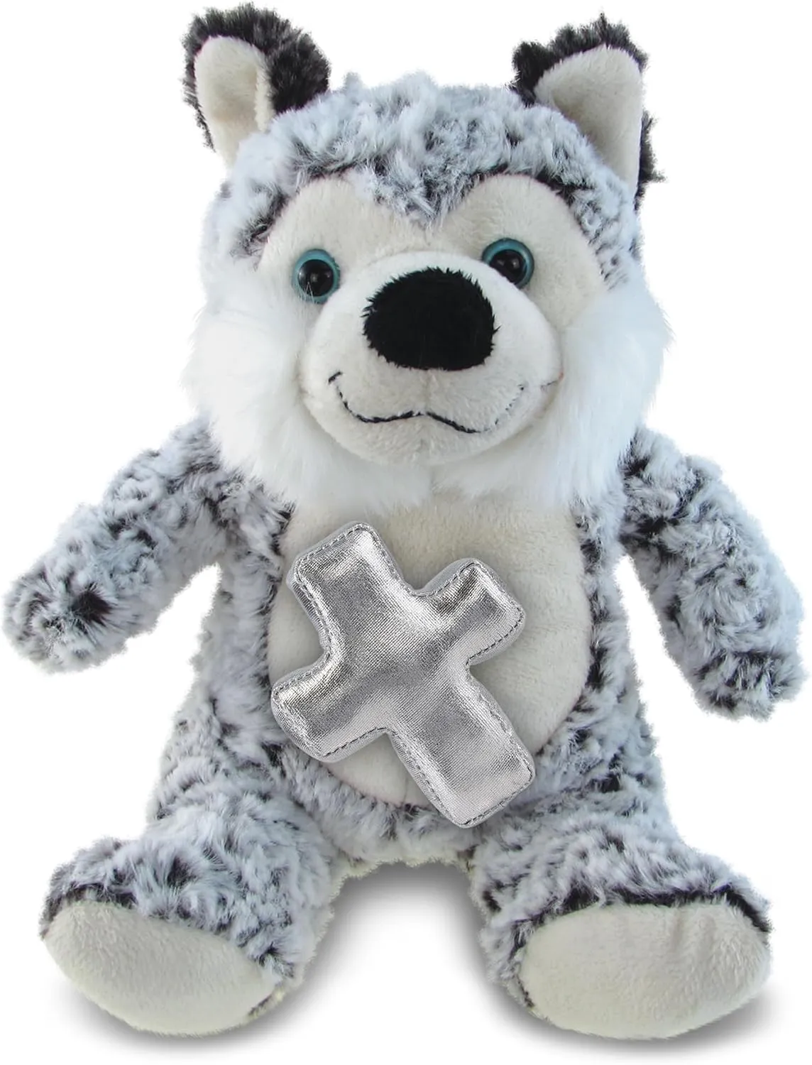 DolliBu Sitting Husky Stuffed Animal with Silver Cross Plush - Religious Baptism Gifts for Boys and Girls, Cute Dedication Christening Gifts Plush Prayer Toy Healing Teddy Bear - 9 Inches
