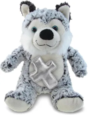 DolliBu Sitting Husky Stuffed Animal with Silver Cross Plush - Religious Baptism Gifts for Boys and Girls, Cute Dedication Christening Gifts Plush Prayer Toy Healing Teddy Bear - 9 Inches