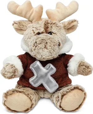 DolliBu Sitting Moose Brown Hooded Sweater Stuffed Animal with Silver Cross Plush - Religious Baptism Gifts for Boys and Girls, Dedication Christening Gifts Plush Prayer Toy, 8 Inches