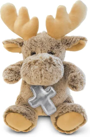DolliBu Sitting Moose Stuffed Animal with Silver Cross Plush - Religious Baptism Gifts for Boys and Girls, Dedication Christening Gifts Plush Prayer Toy Healing Stuffed Animal - 11 Inches