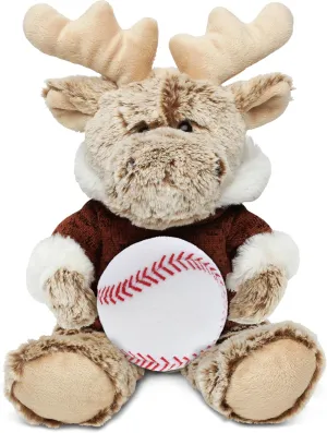 DolliBu Sitting Moose with Brown Hooded Sweater Stuffed Animal with Baseball Plush – Soft Moose, Adorable Playtime Plush Toy, Baseball Plush Doll Animal Toy for Kids and Adults – 8 Inch