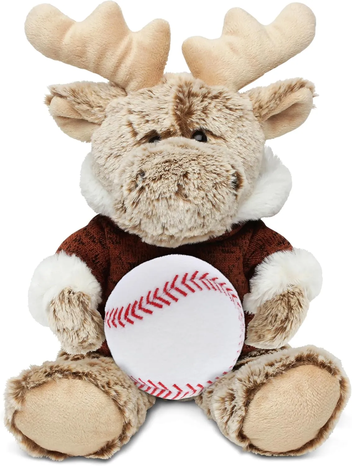 DolliBu Sitting Moose with Brown Hooded Sweater Stuffed Animal with Baseball Plush – Soft Moose, Adorable Playtime Plush Toy, Baseball Plush Doll Animal Toy for Kids and Adults – 8 Inch