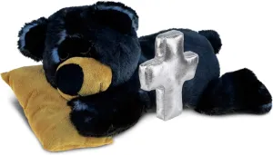 DolliBu Sleeping Black Bear with Pillow Stuffed Animal with Silver Cross Personalization - Religious Baptism Gifts for Boys, Girls, Dedication Christening Plush Prayer Toy Healing Teddy - 6 Inch