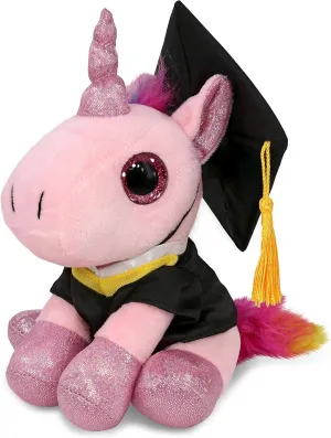 DolliBu Sparkle Eyes Pink Unicorn Graduation Plush Toy - Super Soft Graduation Stuffed Animal Dress Up Gown and Cap with Tassel - Gift with Personalization - 8 Inches