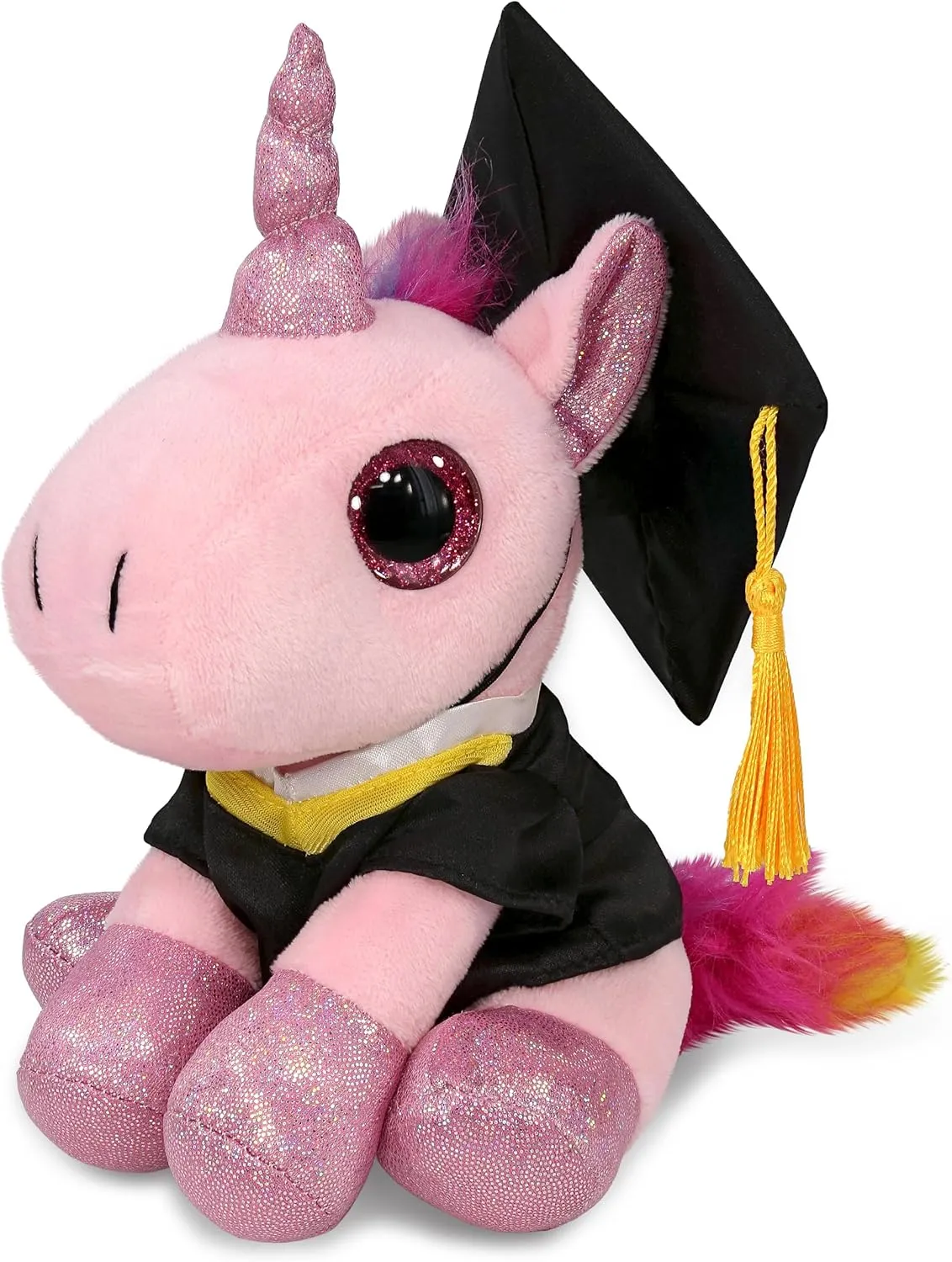 DolliBu Sparkle Eyes Pink Unicorn Graduation Plush Toy - Super Soft Graduation Stuffed Animal Dress Up Gown and Cap with Tassel - Gift with Personalization - 8 Inches