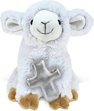 DolliBu Squat Sheep Stuffed Animal with Silver Cross Plush – Religious Baptism Gifts for Boys and Girls, Dedication Christening Gifts Plush Prayer Toy Healing Stuffed Animal - 9.5 Inch