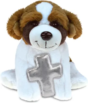 DolliBu St. Bernard Dog Stuffed Animal with Silver Cross Plush – Religious Baptism Gifts for Boys and Girls, Dedication Christening Gifts Plush Prayer Toy Healing Stuffed Animal – 8 Inches