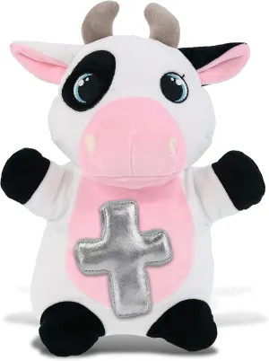 DolliBu Standing Cow Stuffed Animal with Silver Cross and Personalization - Religious Baby Baptism Gifts for Boys and Girls, Dedication Christening Gifts Plush Prayer Toy Healing Teddy Bear - 10 Inch