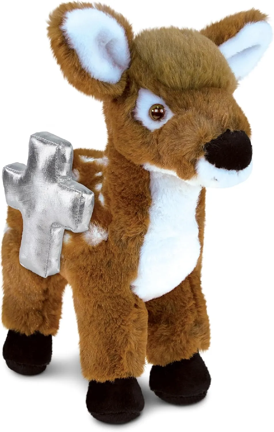 DolliBu Standing Deer Large Stuffed Animal with Silver Cross Plush – Religious Baptism Gifts for Boys and Girls, Dedication Christening Gifts Plush Prayer Toy Healing Stuffed Animal - 12.5 Inch