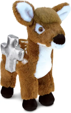 DolliBu Standing Deer Large Stuffed Animal with Silver Cross Plush – Religious Baptism Gifts for Boys and Girls, Dedication Christening Gifts Plush Prayer Toy Healing Stuffed Animal - 12.5 Inch