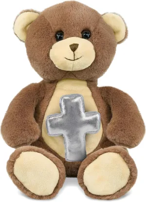 DolliBu Super Soft Brown Bear Stuffed Animal with Silver Cross and Personalization - Religious Baptism Gifts for Boys, Girls, Dedication Christening Gifts Plush Prayer Toy Healing Teddy - 10 Inches