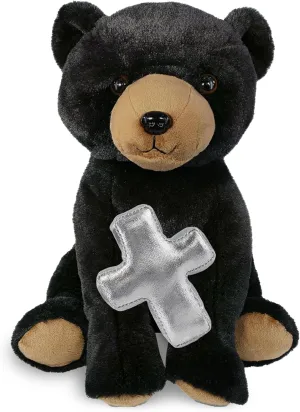 DolliBu Super Soft Floppy Black Bear Stuffed Animal with Silver Cross and Personalization - Religious Baptism Gifts for Boys and Girls, Dedication Christening Gifts Plush Prayer Toy Teddy - 9 Inches