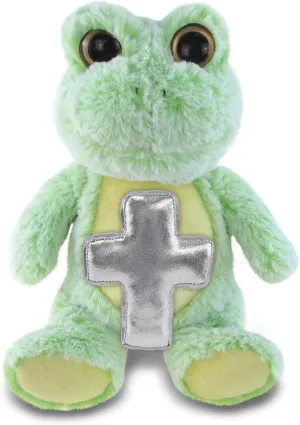 DolliBu Super Soft Sitting Frog Stuffed Animal with Silver Cross Plush - Religious Baptism Gifts for Boys and Girls, Dedication Christening Gifts Plush Prayer Toy Healing Teddy Bear - 9 Inches