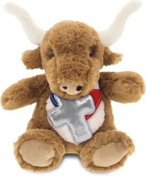 DolliBu Texas Longhorn Stuffed Animal with Silver Cross and Personalization - Religious Baptism Gifts for Boys and Girls, Dedication Christening Gifts Plush Prayer Toy Healing Teddy Bear - 9 Inch
