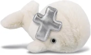 DolliBu White Whale Small Stuffed Animal with Silver Cross and Personalization - Religious Baptism Gifts for Boys, Girls, Dedication Christening Gifts Plush Prayer Toy Healing Teddy Bear - 7 Inch