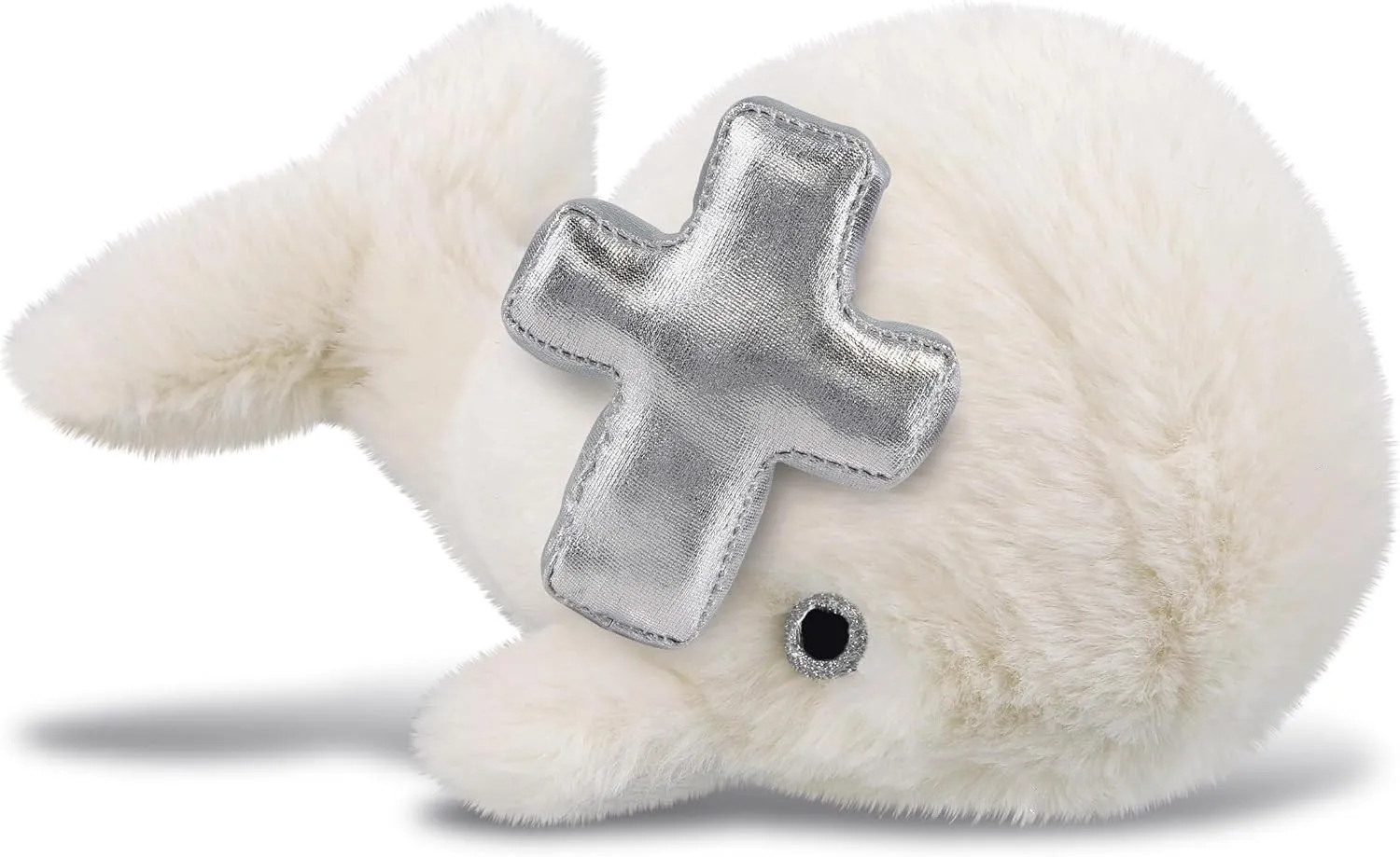 DolliBu White Whale Small Stuffed Animal with Silver Cross and Personalization - Religious Baptism Gifts for Boys, Girls, Dedication Christening Gifts Plush Prayer Toy Healing Teddy Bear - 7 Inch