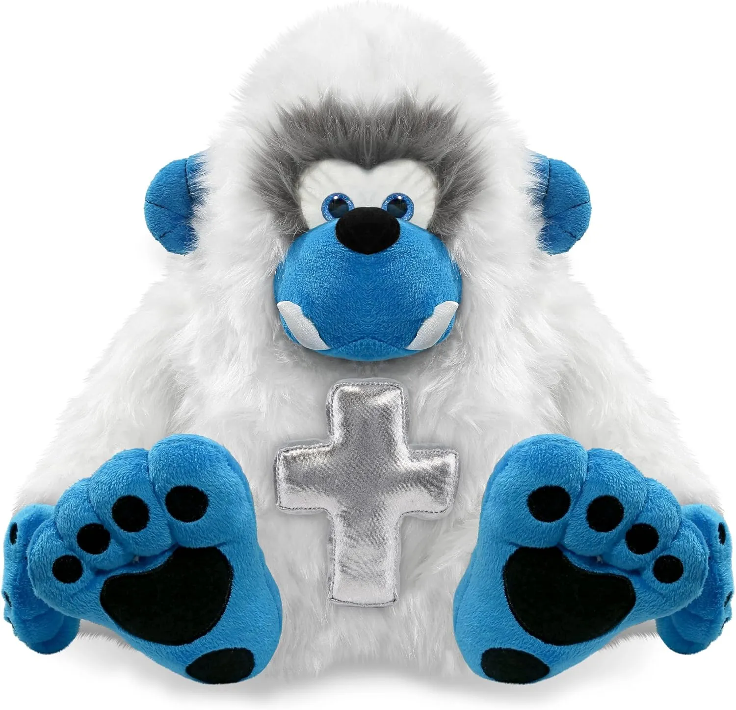 DolliBu Yeti Stuffed Animal with Silver Cross and Personalization - Religious Baptism Gifts for Boys and Girls, Dedication Christening Gifts Plush Prayer Toy Healing Teddy Bear - 12 Inches