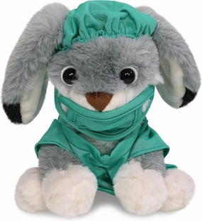 DolliBu Grey Rabbit Doctor Plush Toy - Super Soft Rabbit Doctor Stuffed Animal Dress Up with Cute Scrub Uniform and Cap Outfit - Fluffy Rabbit Doctor Toy Plush Gift with Personalization - 7 Inches