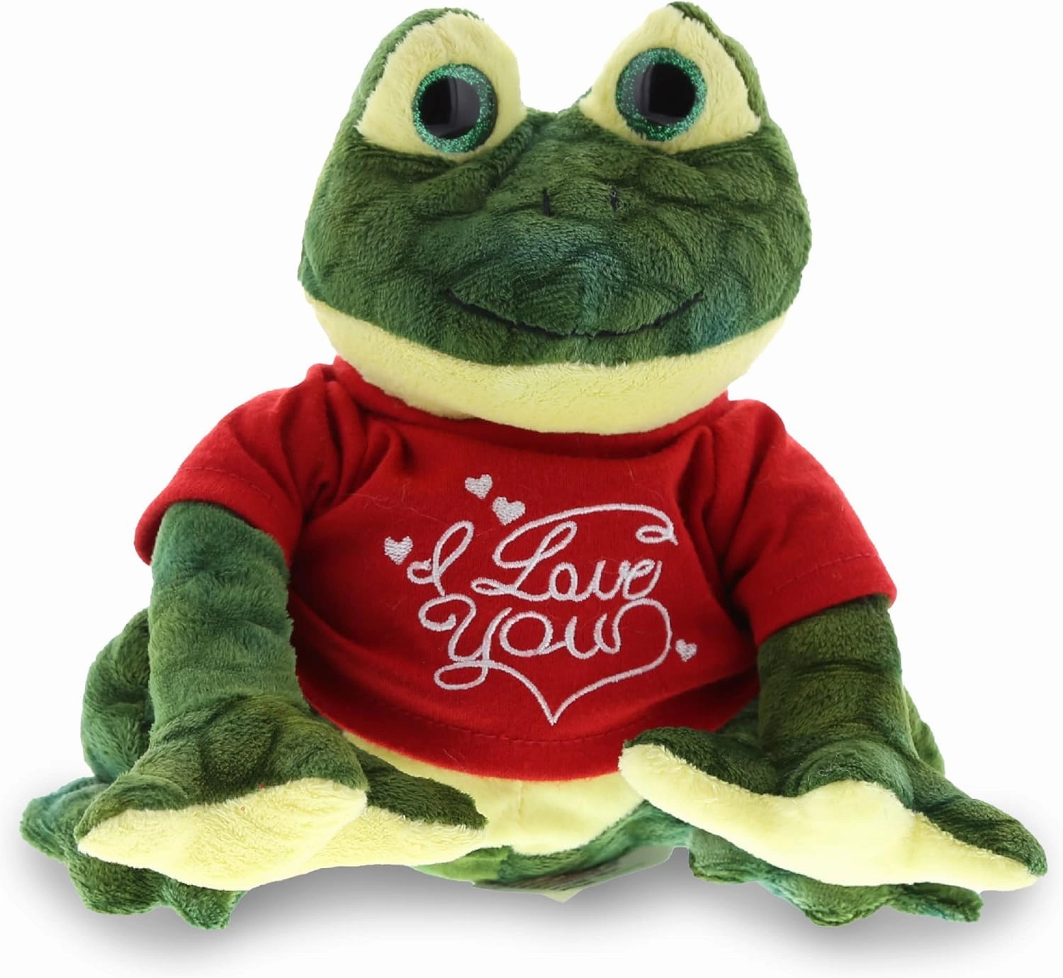 DolliBu I Love You Valentine Plush Squat Green Frog - Cute Stuffed Animal with Red Shirt and Name Personalization Gift for Valentines Day, Birthday, Anniversary - 6 Inches