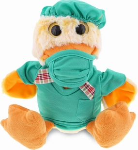 DolliBu Sitting Duck Doctor Plush Toy - Super Soft Yellow Duck Doctor Stuffed Animal Dress Up with Cute Scrub Uniform & Cap Outfit - Gift with Personalization - 9" Inches