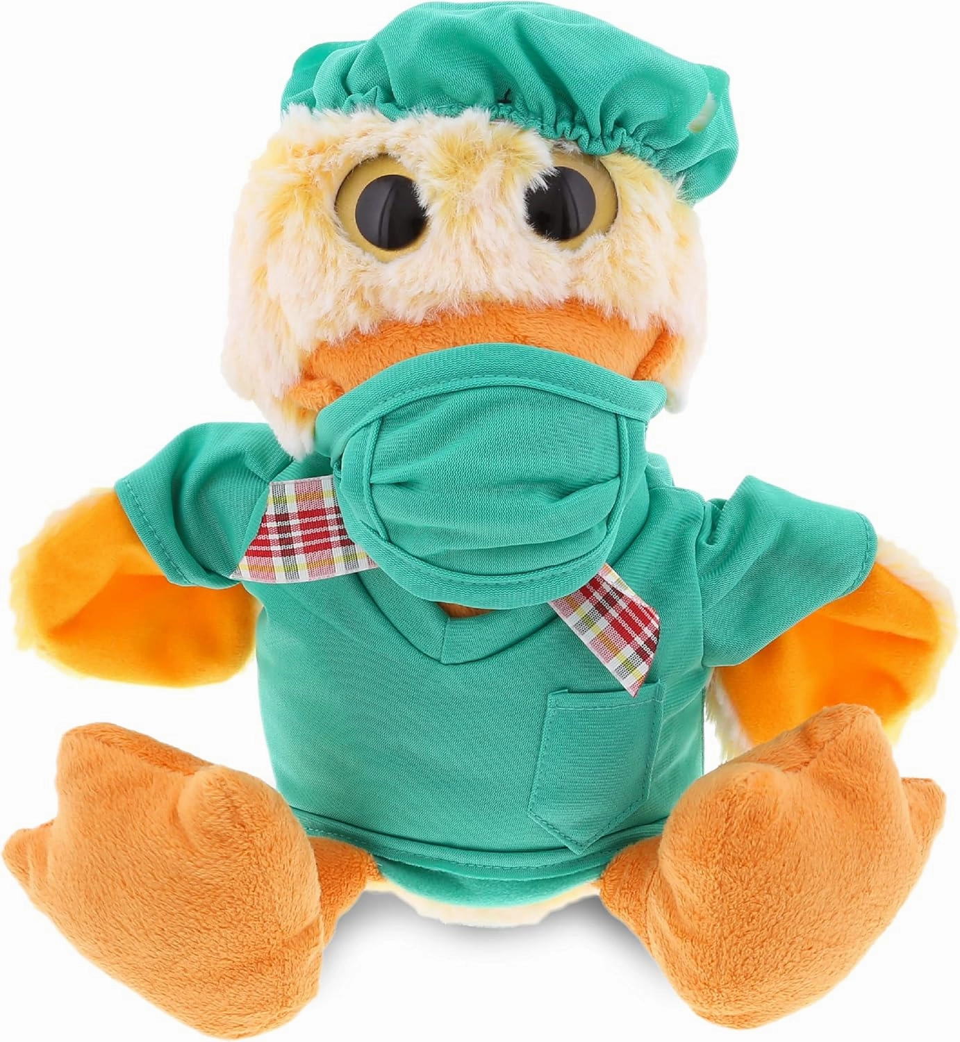 DolliBu Sitting Duck Doctor Plush Toy - Super Soft Yellow Duck Doctor Stuffed Animal Dress Up with Cute Scrub Uniform & Cap Outfit - Gift with Personalization - 9" Inches